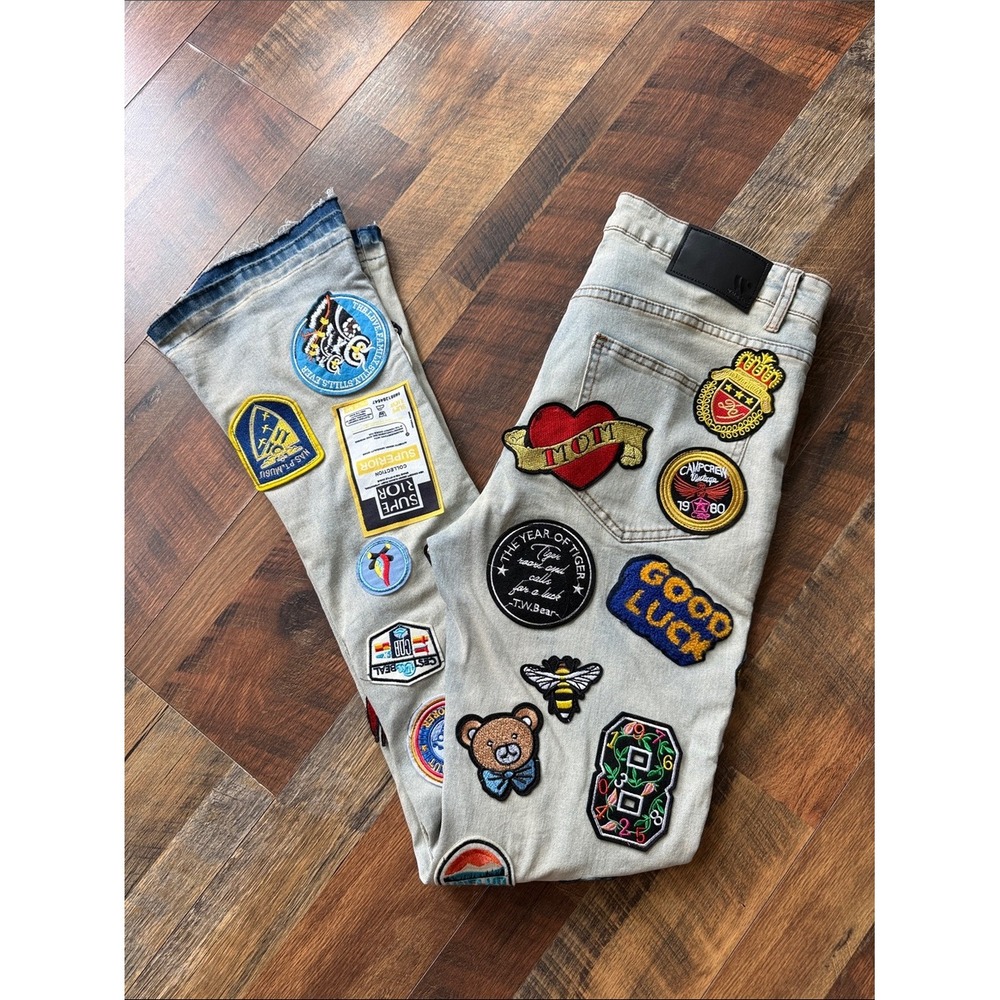 Waimea Patchwork Embroidered Jeans Stacked Fit Size 34 Y2K Streetwear